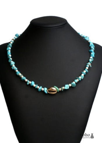 Boho Necklace, Blue Colorful Gold Shell